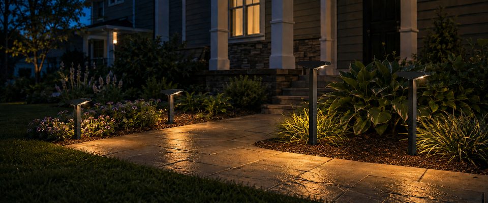 Luces solares de camino bajas y altas iluminando un sendero delantero ajardinado en una vivienda estadounidense