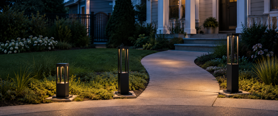Three heights of black hardwired bollard lights illuminating a curved walkway in an American front yard at dusk