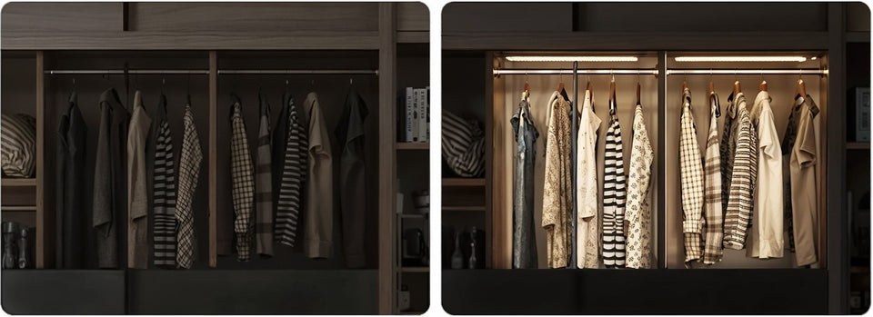 Closet before and after turning on the lights