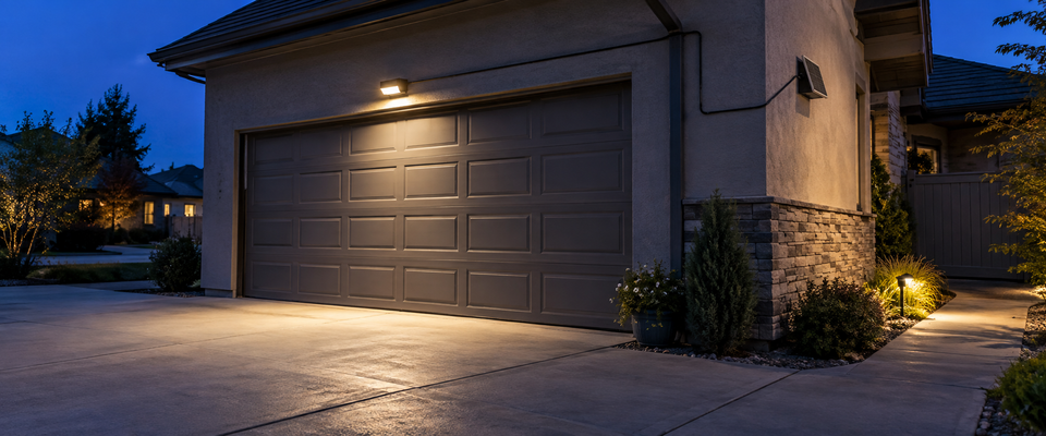 Separate solar panel powering a floodlight on a shaded north-facing garage wall