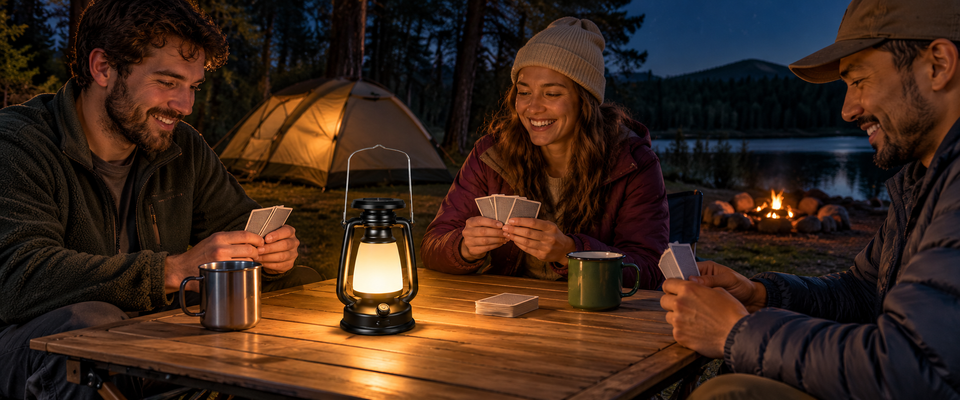 A compact black camping lantern lighting a card game on an outdoor campsite table at night