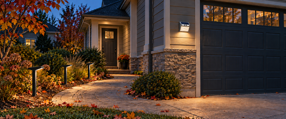 Balizas solares y un aplique compacto con sensor de movimiento iluminan una casa residencial después de un atardecer temprano de otoño