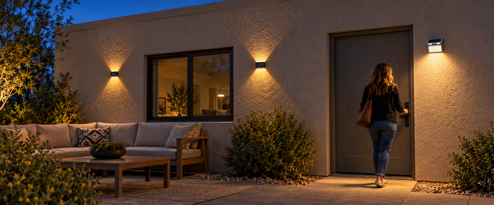 Pequeños apliques decorativos y una luz con sensor iluminan zonas separadas de una entrada al patio después del atardecer