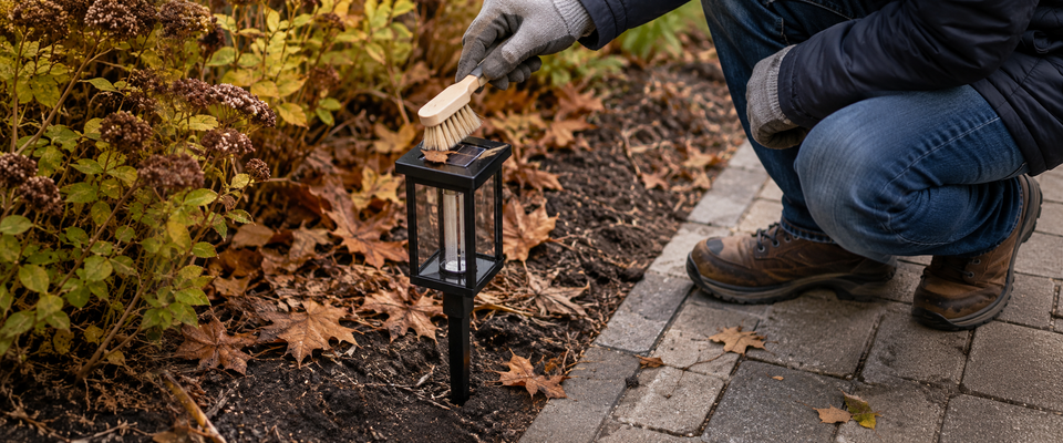 Jardinera retirando hojas de otoño del panel solar de una luz de sendero junto a un camino residencial