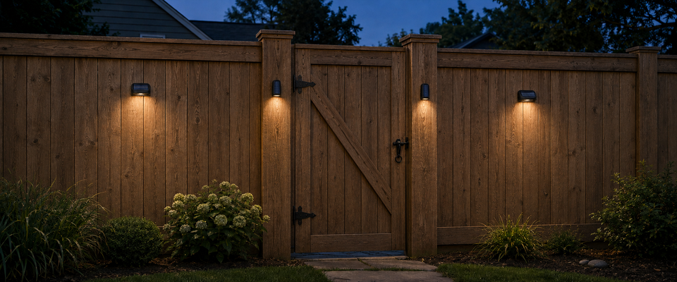 Horizontal and vertical solar fence lights mounted on wide fence panels and narrow posts in an American backyard at dusk