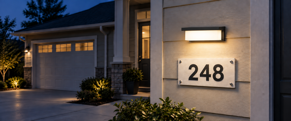 Luz solar de pared dirigida que ilumina números de casa de alto contraste junto a una entrada