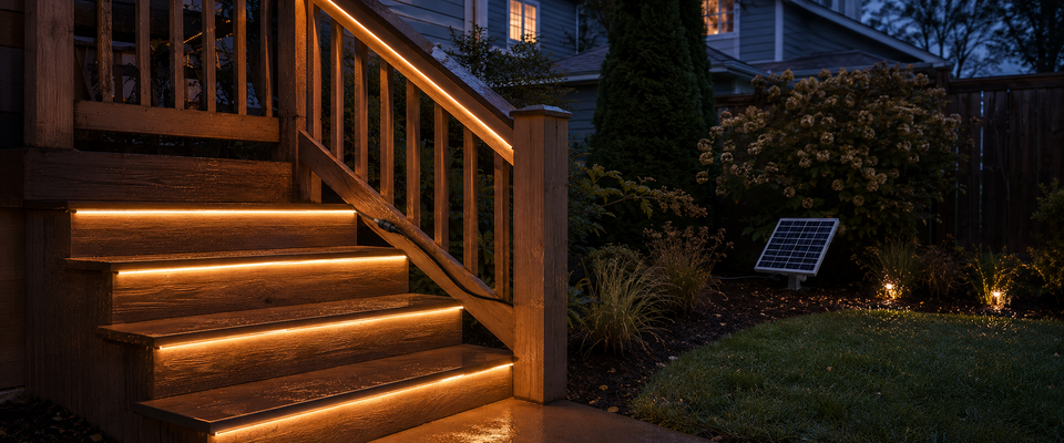 Warm white solar COB rope lights installed beneath wet patio steps with sealed connectors kept above standing water