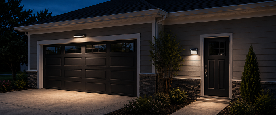 Two solar motion sensor wall lights illuminating separate entrance zones with different LED configurations