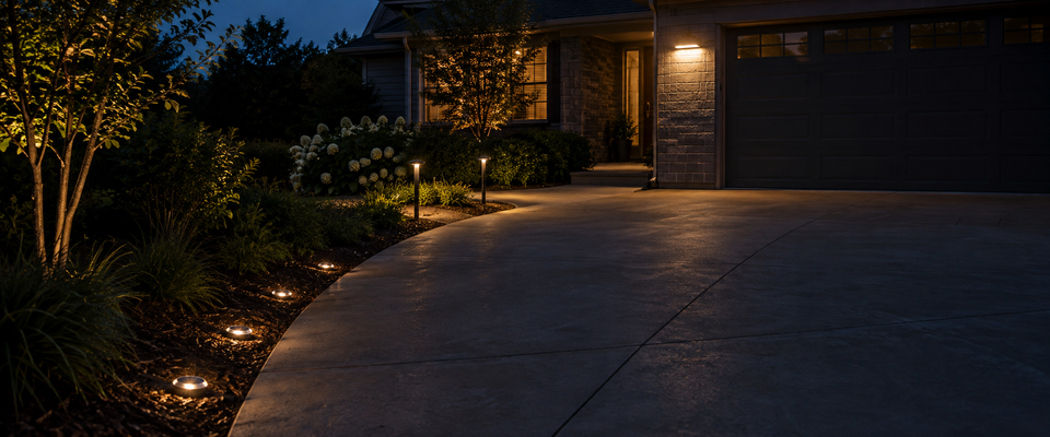 Solar disk, pathway and motion sensor lights defining a long American residential driveway at dusk