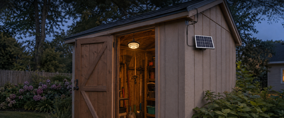 Split-design solar pendant light illuminating an American garden shed while the separate solar panel receives outdoor daylight