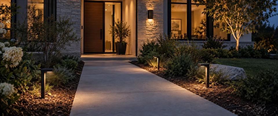 Three warm-white pathway lights in planting beds beside the front walkway of a modern home at dusk.