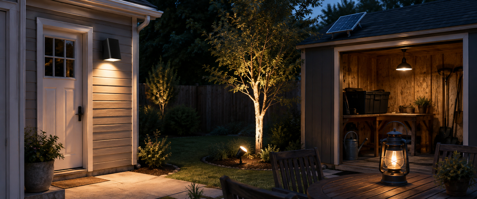 Outdoor lights without wiring illuminating a suburban home entrance, tree, backyard shed and patio