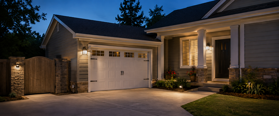 Warm outdoor wall lights illuminating a garage, front porch, and gate at an American home at dusk