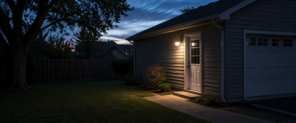 A selectively lit side entrance showing a practical problem-by-problem outdoor lighting plan at an American suburban home