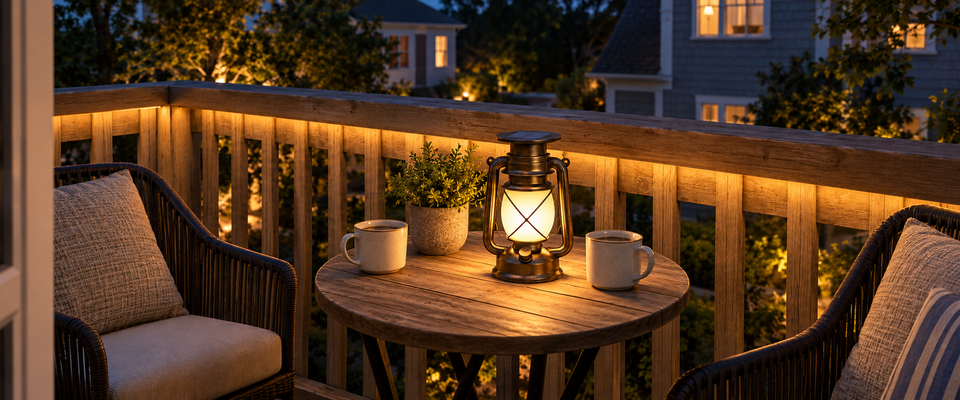 Une lanterne solaire éclaire chaleureusement une table de balcon, avec une ligne lumineuse discrète à l’intérieur de la rambarde après la tombée de la nuit.