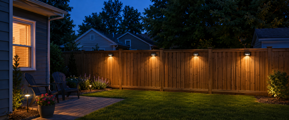Lampes solaires régulièrement espacées éclairant une clôture de jardin au crépuscule