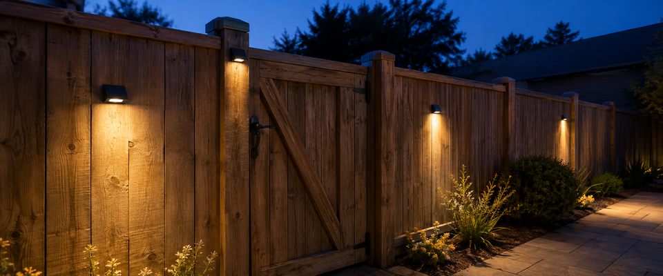 Luces solares compactas para vallas montadas en postes fijos y paneles sólidos en un patio trasero estadounidense