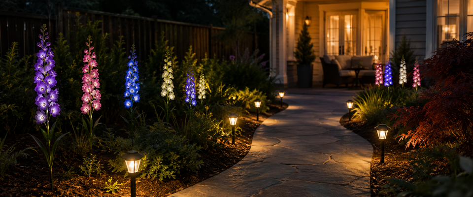 Solar pathway lights defining a curved garden walkway with decorative solar delphinium flower lights glowing in the adjacent flower bed