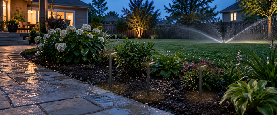 Lampes solaires de chemin IP65 installées dans un sol de jardin bien drainé, hors du jet principal d’un arroseur