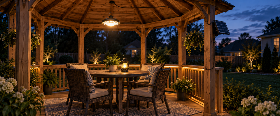 Solar pendant, warm rope lighting and portable lantern illuminating an American backyard gazebo without mains wiring