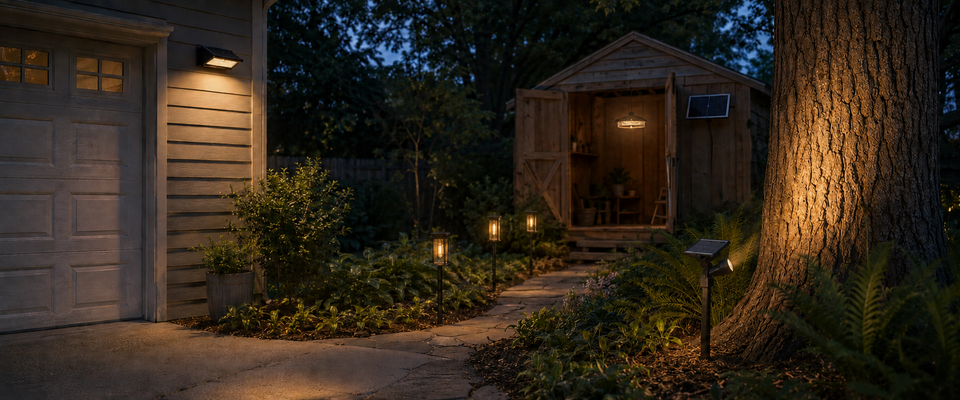 Solar pathway, wall, tree and shed lights showing different battery and runtime needs