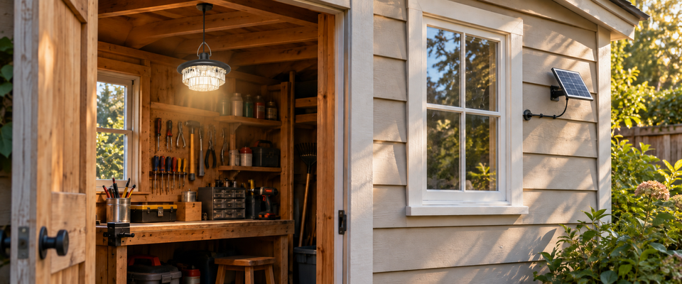 Separate outdoor solar panel powering a pendant light inside a garden shed instead of charging through window glass