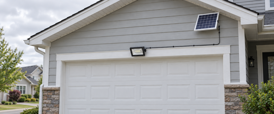Solar-Flutlicht mit separatem Panel über einem Garagentor an einem bewölkten Tag