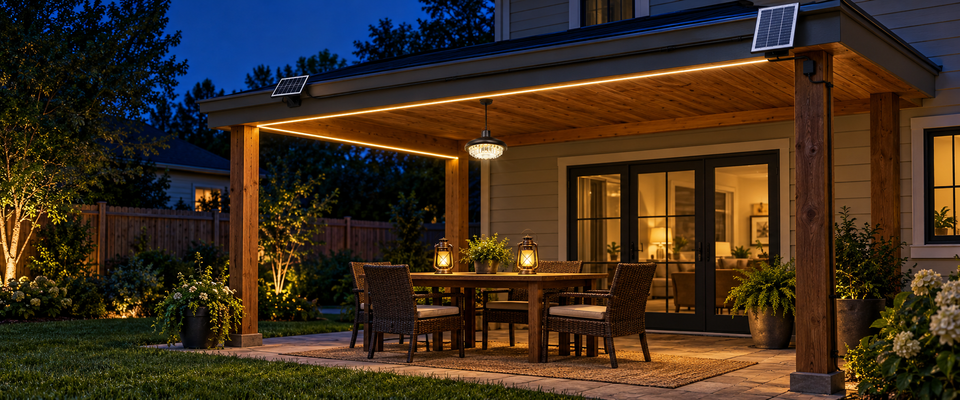 Covered patio lit by a solar pendant, COB rope light, and warm tabletop lanterns after sunset