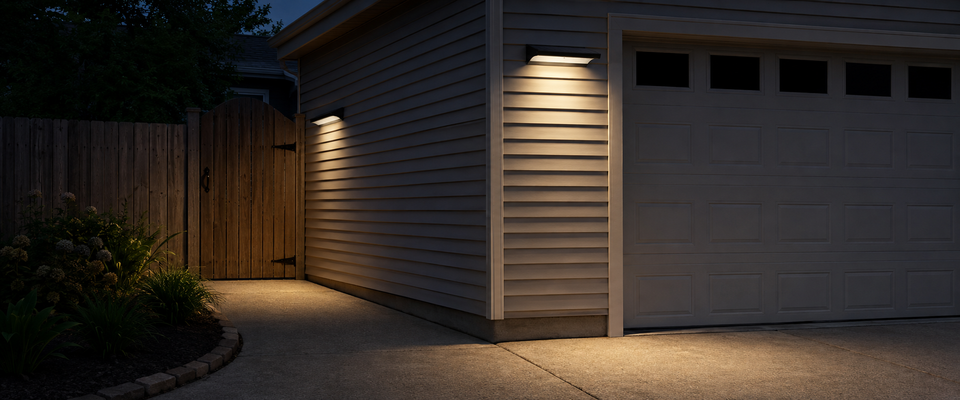 Solar motion sensor wall lights covering a driveway and side gate at an American suburban home