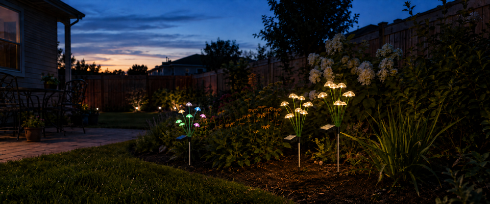 Warm white and RGB solar mushroom garden lights glowing in an American backyard flower bed at dusk