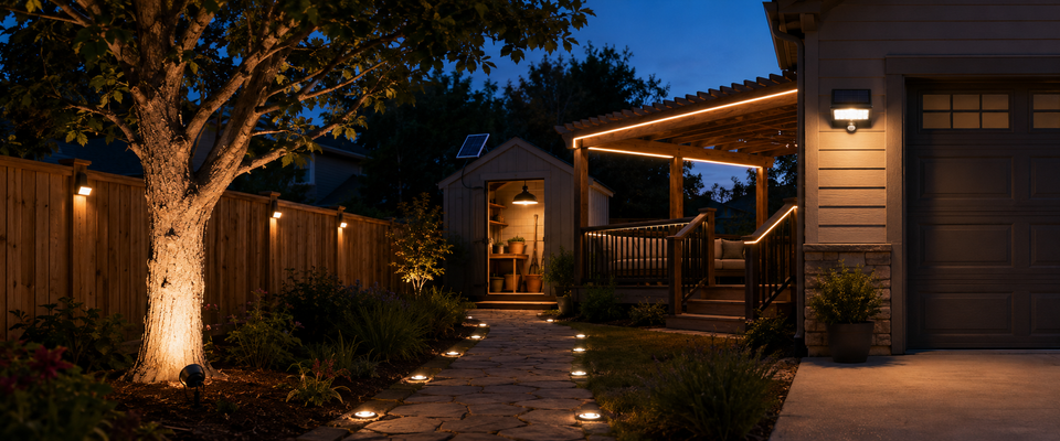Éclairages solaires extérieurs illuminant au crépuscule un arbre, une allée, une clôture, une pergola, une entrée de garage et un abri de jardin
