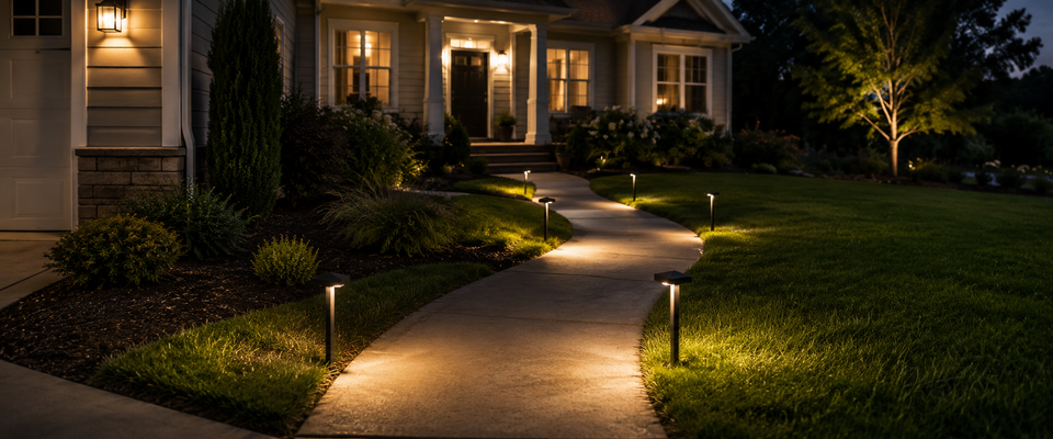 Lampes solaires régulièrement espacées le long d’une allée résidentielle incurvée au crépuscule