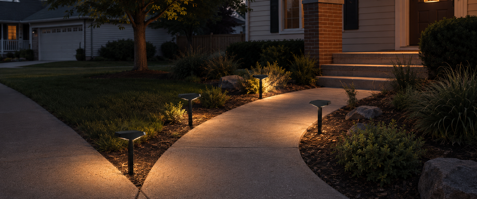 Warm white solar path lights set back from the edge of a curved walkway in an American front yard at dusk