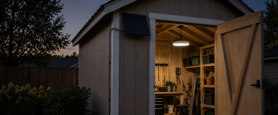 Lámpara colgante solar iluminando el interior de un cobertizo con panel exterior al anochecer