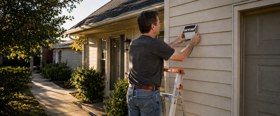 Homeowner checking the mounting position of a solar motion sensor wall light on a sunlit exterior wall before installation