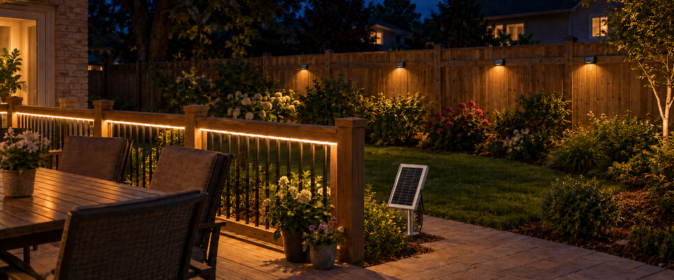 Continuous solar rope lighting and separate warm-white fence lights defining different edges of a residential patio