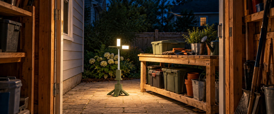 Rechargeable lantern beside an open backyard shed at night
