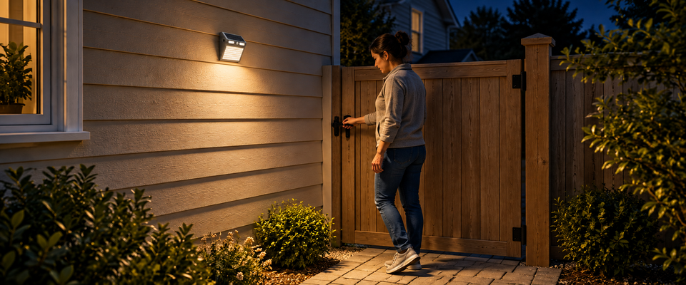 Une personne atteint le loquet d’un portillon en bois sous une applique solaire blanc chaud, la nuit.