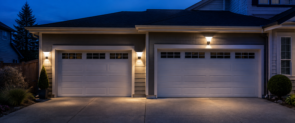 Solar wall sconces installed beside and above garage doors on an American suburban home at dusk