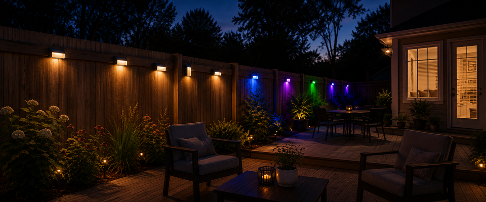 Luces solares de blanco cálido iluminando una valla y un patio trasero al anochecer