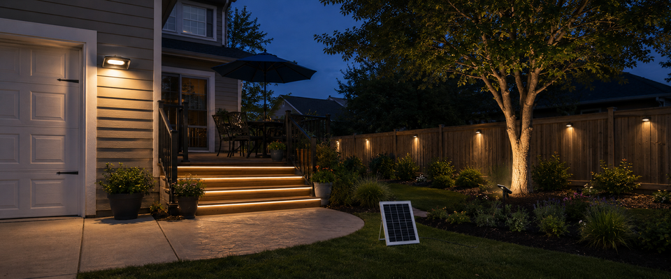 Layered solar lighting across an American yard with illuminated patio edges, trees, fence, and garage entrance