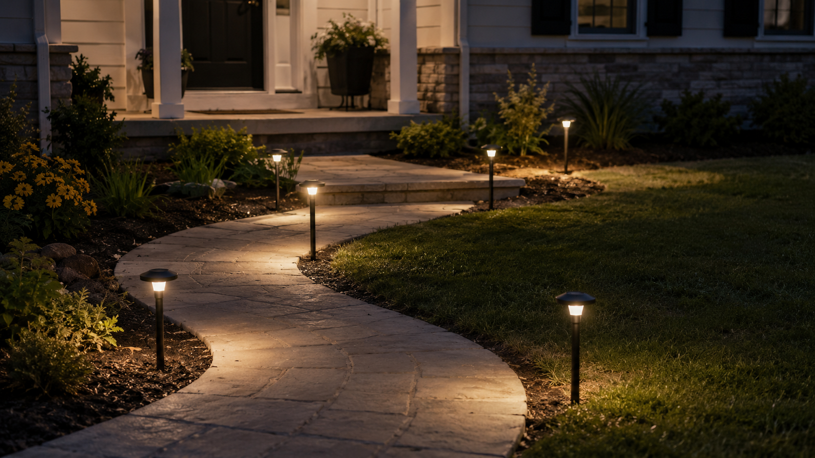 2700K warm-white solar pathway lights evenly marking a residential front walkway