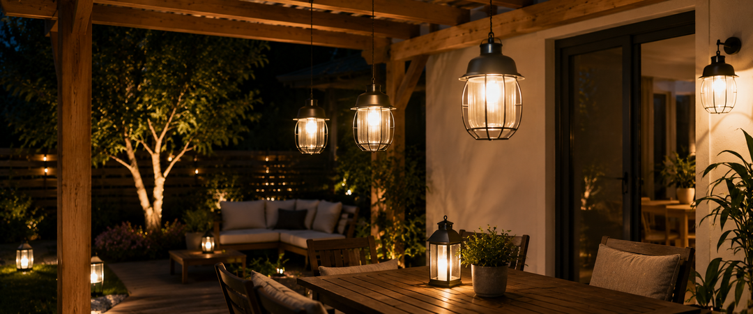 Faroles solares y luces colgantes iluminando un patio cubierto y una zona de asiento exterior al anochecer