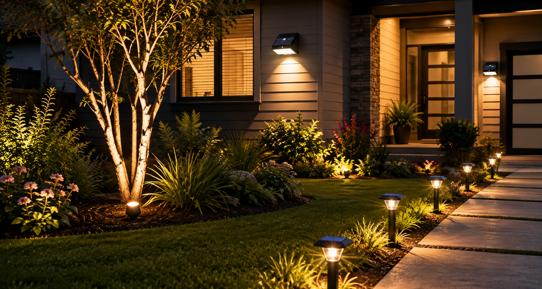 Luces solares residenciales iluminando el exterior de una casa moderna, un camino de jardín y árboles al anochecer