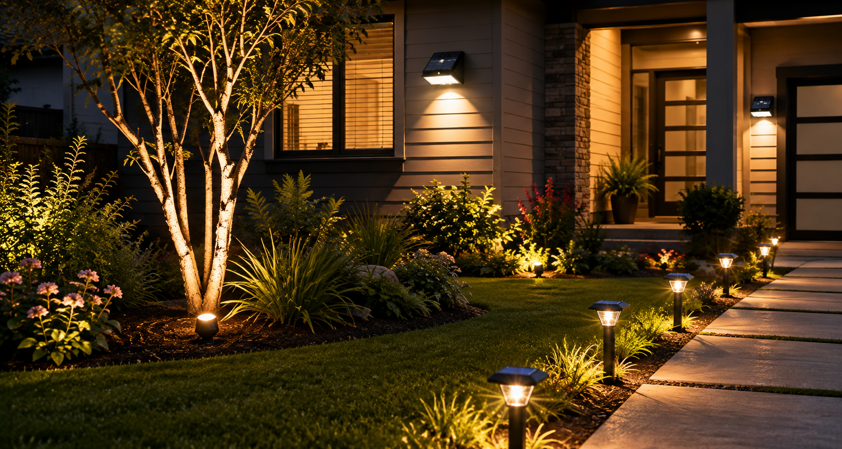 Luces solares residenciales iluminando el exterior de una casa moderna, un camino de jardín y árboles al anochecer