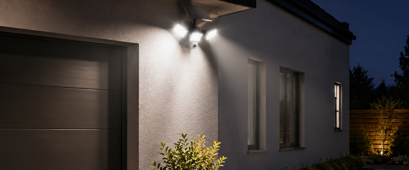 Proyector solar de seguridad iluminando un garaje residencial y una entrada de vehículos por la noche