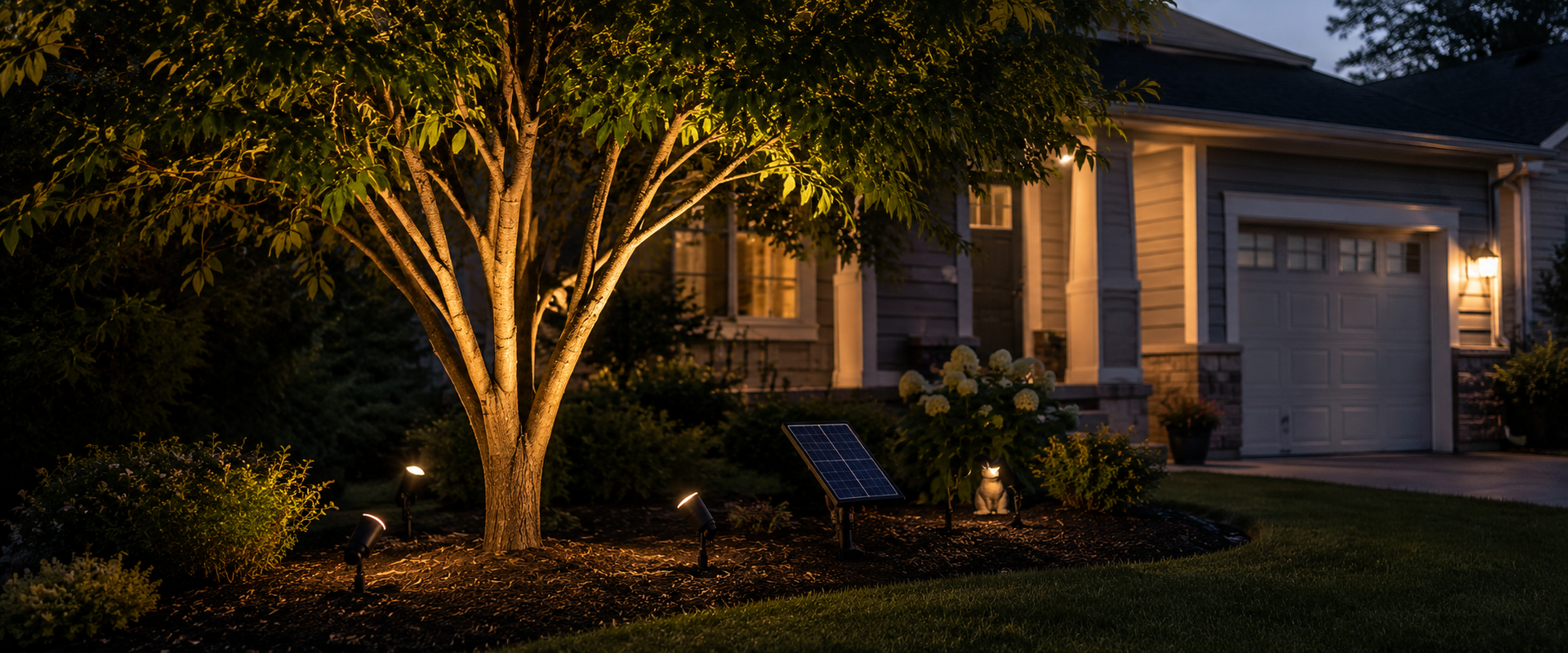 Focos solares a ras de suelo iluminando hacia arriba troncos y copas de árboles en un jardín residencial al anochecer