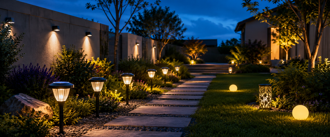 Automatic dusk-to-dawn solar pathway and garden lights illuminating a landscaped residential yard after sunset