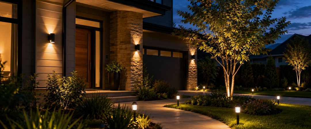Iluminación exterior residencial iluminando una entrada moderna, camino de jardín y árboles al anochecer