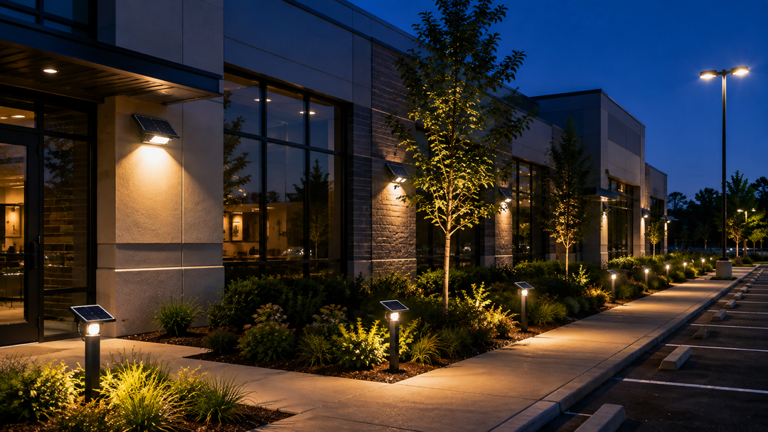 Commercial solar lights illuminating a modern office building, walkway and parking area at dusk